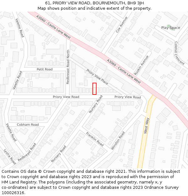 61, PRIORY VIEW ROAD, BOURNEMOUTH, BH9 3JH: Location map and indicative extent of plot
