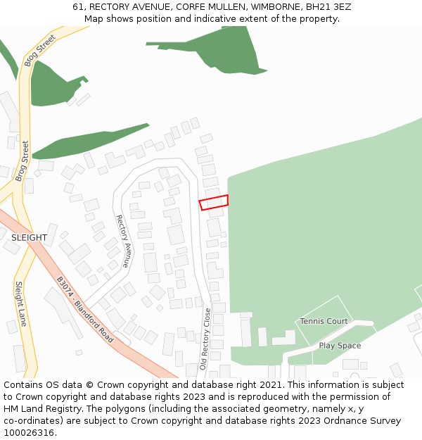 61, RECTORY AVENUE, CORFE MULLEN, WIMBORNE, BH21 3EZ: Location map and indicative extent of plot