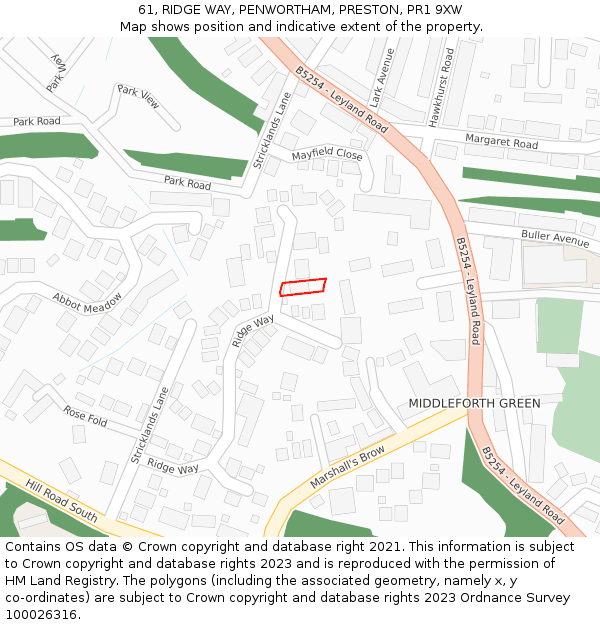 61, RIDGE WAY, PENWORTHAM, PRESTON, PR1 9XW: Location map and indicative extent of plot