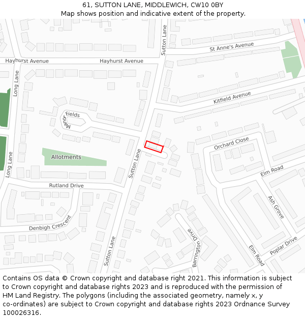 61, SUTTON LANE, MIDDLEWICH, CW10 0BY: Location map and indicative extent of plot