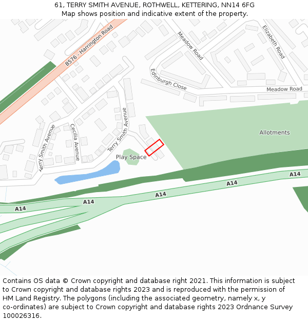61, TERRY SMITH AVENUE, ROTHWELL, KETTERING, NN14 6FG: Location map and indicative extent of plot