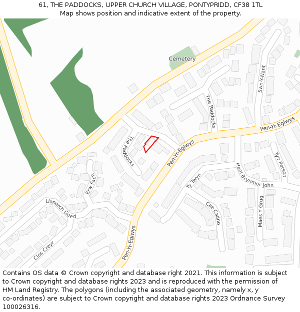 61, THE PADDOCKS, UPPER CHURCH VILLAGE, PONTYPRIDD, CF38 1TL: Location map and indicative extent of plot
