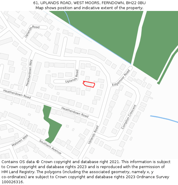 61, UPLANDS ROAD, WEST MOORS, FERNDOWN, BH22 0BU: Location map and indicative extent of plot