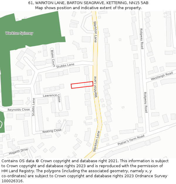 61, WARKTON LANE, BARTON SEAGRAVE, KETTERING, NN15 5AB: Location map and indicative extent of plot