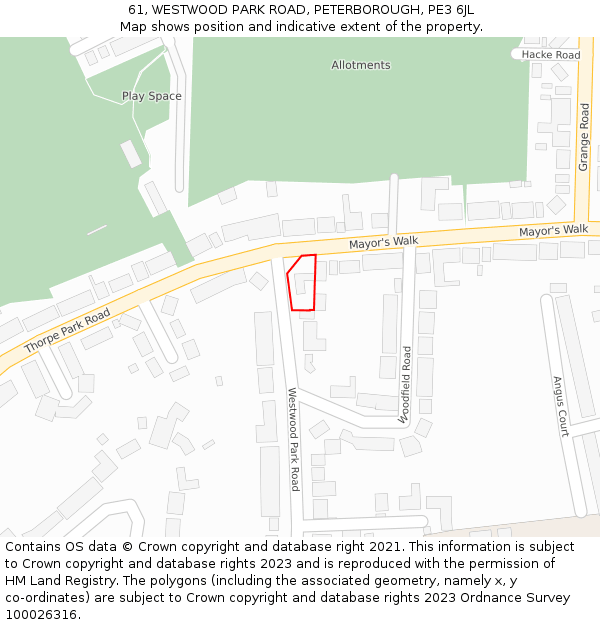 61, WESTWOOD PARK ROAD, PETERBOROUGH, PE3 6JL: Location map and indicative extent of plot