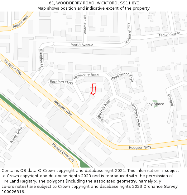 61, WOODBERRY ROAD, WICKFORD, SS11 8YE: Location map and indicative extent of plot