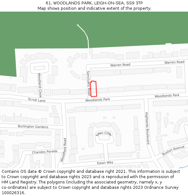 61, WOODLANDS PARK, LEIGH-ON-SEA, SS9 3TP: Location map and indicative extent of plot