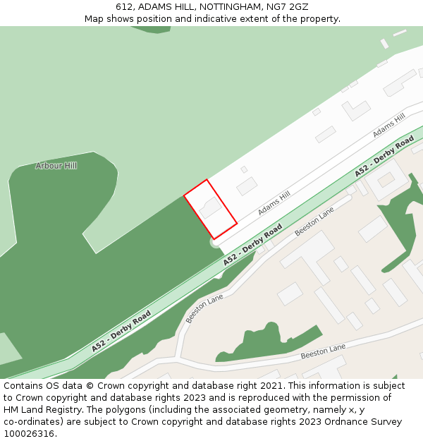 612, ADAMS HILL, NOTTINGHAM, NG7 2GZ: Location map and indicative extent of plot