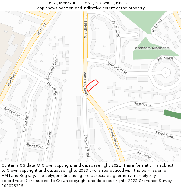61A, MANSFIELD LANE, NORWICH, NR1 2LD: Location map and indicative extent of plot