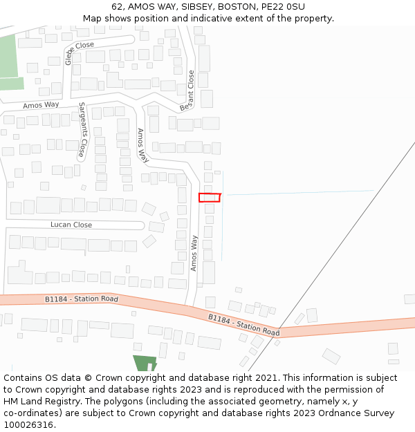 62, AMOS WAY, SIBSEY, BOSTON, PE22 0SU: Location map and indicative extent of plot