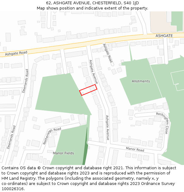 62, ASHGATE AVENUE, CHESTERFIELD, S40 1JD: Location map and indicative extent of plot