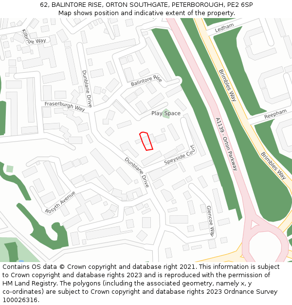 62, BALINTORE RISE, ORTON SOUTHGATE, PETERBOROUGH, PE2 6SP: Location map and indicative extent of plot