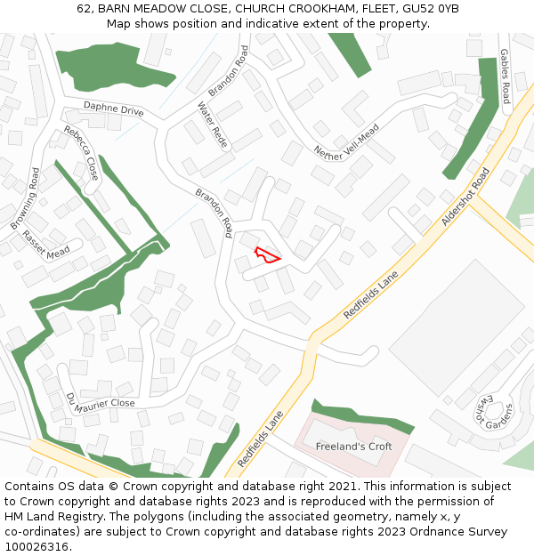 62, BARN MEADOW CLOSE, CHURCH CROOKHAM, FLEET, GU52 0YB: Location map and indicative extent of plot
