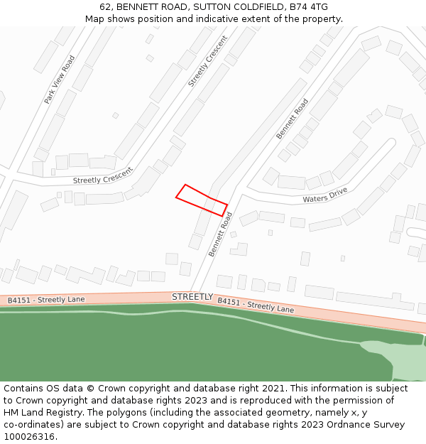 62, BENNETT ROAD, SUTTON COLDFIELD, B74 4TG: Location map and indicative extent of plot