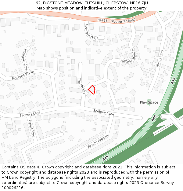 62, BIGSTONE MEADOW, TUTSHILL, CHEPSTOW, NP16 7JU: Location map and indicative extent of plot
