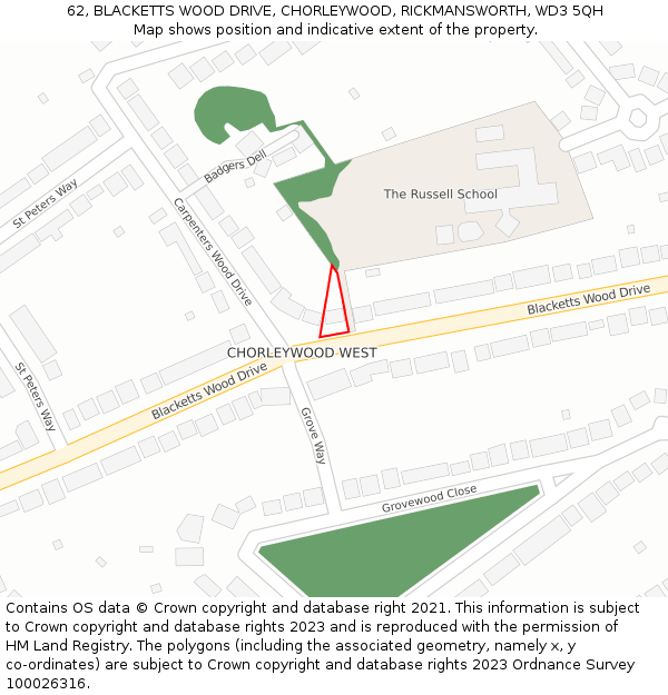 62, BLACKETTS WOOD DRIVE, CHORLEYWOOD, RICKMANSWORTH, WD3 5QH: Location map and indicative extent of plot