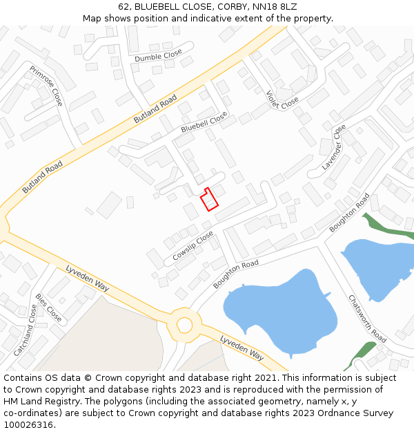 62, BLUEBELL CLOSE, CORBY, NN18 8LZ: Location map and indicative extent of plot