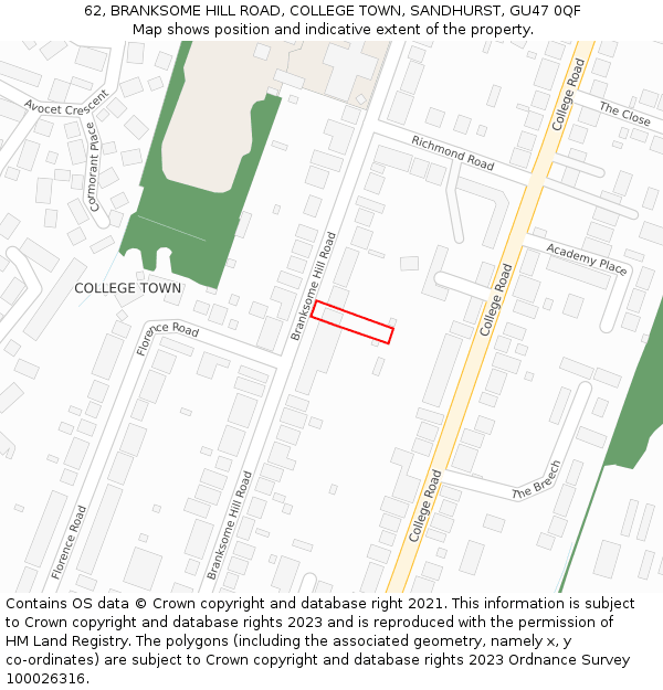 62, BRANKSOME HILL ROAD, COLLEGE TOWN, SANDHURST, GU47 0QF: Location map and indicative extent of plot