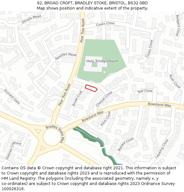 62, BROAD CROFT, BRADLEY STOKE, BRISTOL, BS32 0BD: Location map and indicative extent of plot