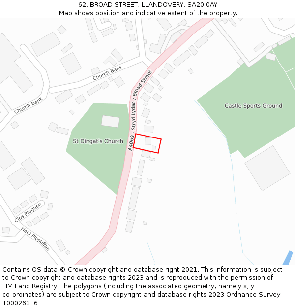 62, BROAD STREET, LLANDOVERY, SA20 0AY: Location map and indicative extent of plot