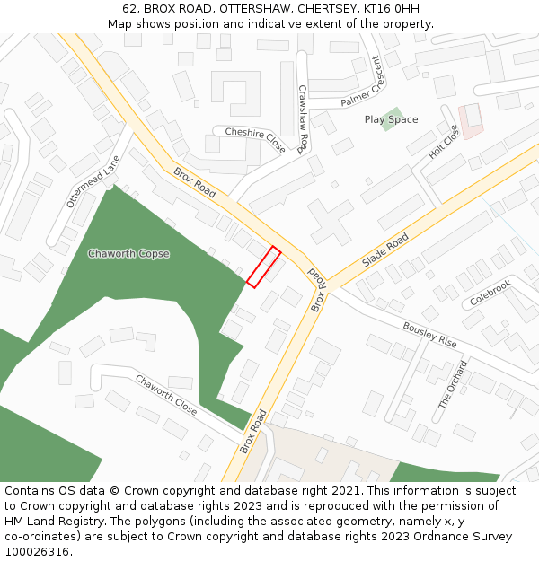 62, BROX ROAD, OTTERSHAW, CHERTSEY, KT16 0HH: Location map and indicative extent of plot