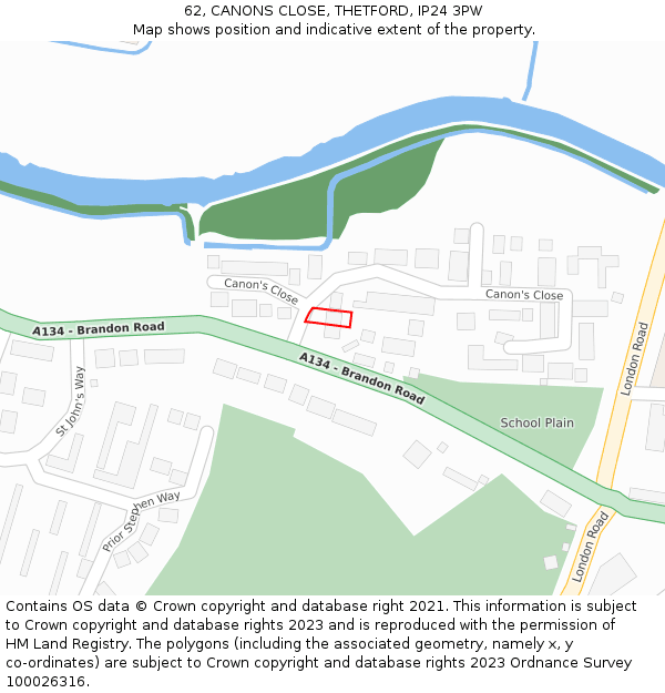 62, CANONS CLOSE, THETFORD, IP24 3PW: Location map and indicative extent of plot