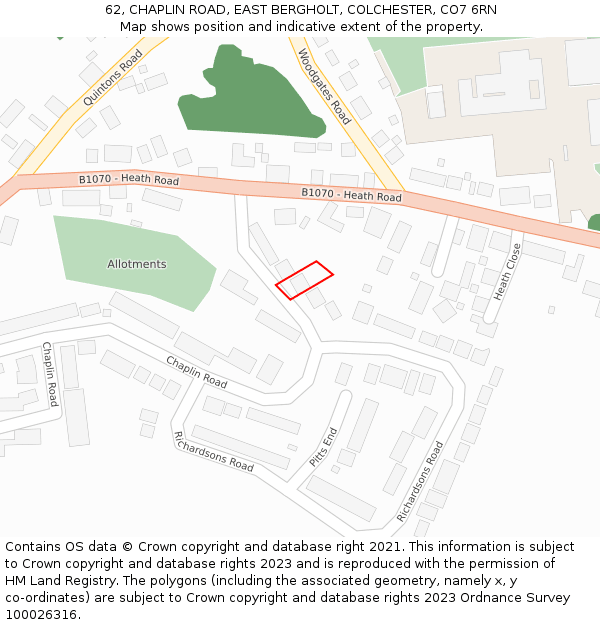 62, CHAPLIN ROAD, EAST BERGHOLT, COLCHESTER, CO7 6RN: Location map and indicative extent of plot