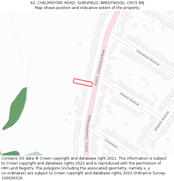 62, CHELMSFORD ROAD, SHENFIELD, BRENTWOOD, CM15 8RJ: Location map and indicative extent of plot