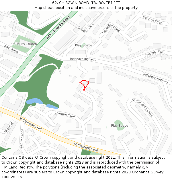 62, CHIRGWIN ROAD, TRURO, TR1 1TT: Location map and indicative extent of plot