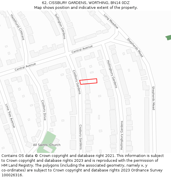 62, CISSBURY GARDENS, WORTHING, BN14 0DZ: Location map and indicative extent of plot