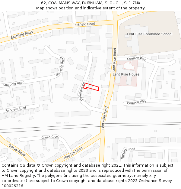 62, COALMANS WAY, BURNHAM, SLOUGH, SL1 7NX: Location map and indicative extent of plot