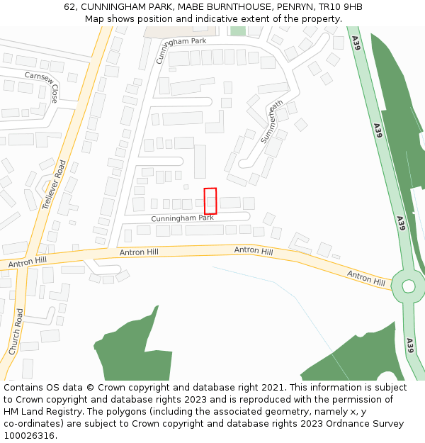 62, CUNNINGHAM PARK, MABE BURNTHOUSE, PENRYN, TR10 9HB: Location map and indicative extent of plot