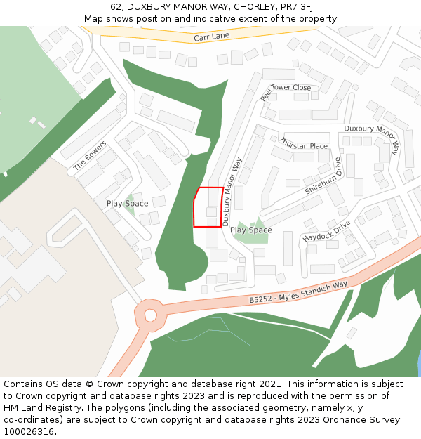 62, DUXBURY MANOR WAY, CHORLEY, PR7 3FJ: Location map and indicative extent of plot