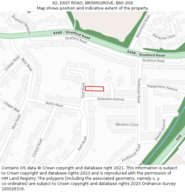 62, EAST ROAD, BROMSGROVE, B60 2NS: Location map and indicative extent of plot