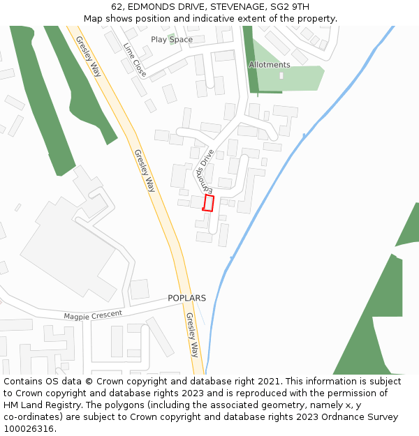 62, EDMONDS DRIVE, STEVENAGE, SG2 9TH: Location map and indicative extent of plot