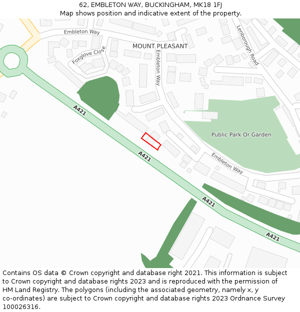 62, EMBLETON WAY, BUCKINGHAM, MK18 1FJ: Location map and indicative extent of plot