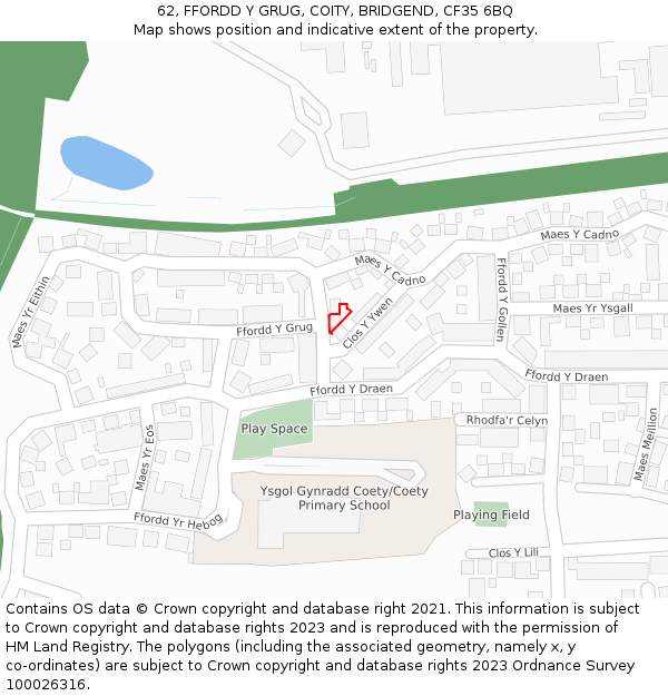 62, FFORDD Y GRUG, COITY, BRIDGEND, CF35 6BQ: Location map and indicative extent of plot