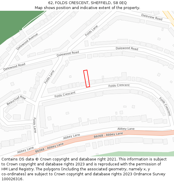 62, FOLDS CRESCENT, SHEFFIELD, S8 0EQ: Location map and indicative extent of plot