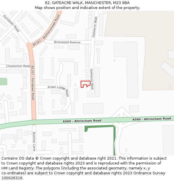 62, GATEACRE WALK, MANCHESTER, M23 9BA: Location map and indicative extent of plot