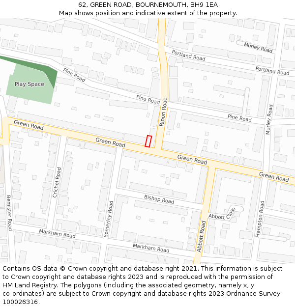 62, GREEN ROAD, BOURNEMOUTH, BH9 1EA: Location map and indicative extent of plot
