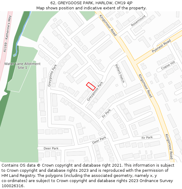 62, GREYGOOSE PARK, HARLOW, CM19 4JP: Location map and indicative extent of plot
