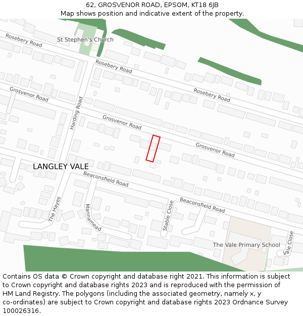 62, GROSVENOR ROAD, EPSOM, KT18 6JB: Location map and indicative extent of plot