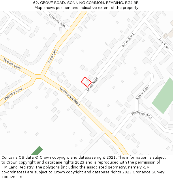 62, GROVE ROAD, SONNING COMMON, READING, RG4 9RL: Location map and indicative extent of plot