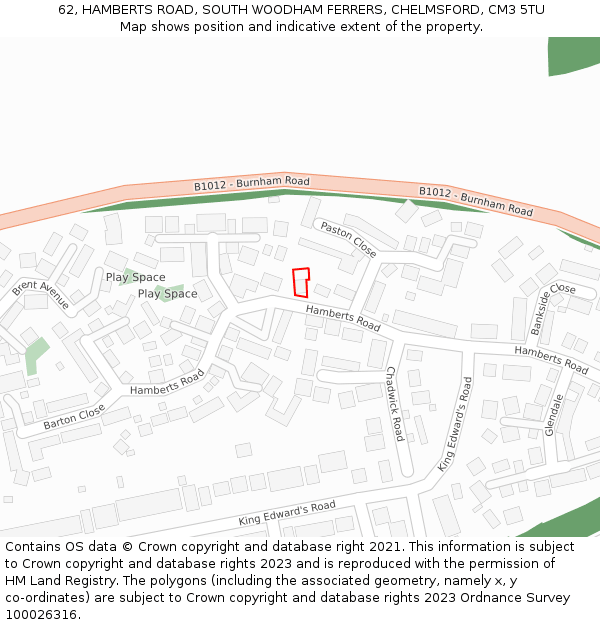 62, HAMBERTS ROAD, SOUTH WOODHAM FERRERS, CHELMSFORD, CM3 5TU: Location map and indicative extent of plot
