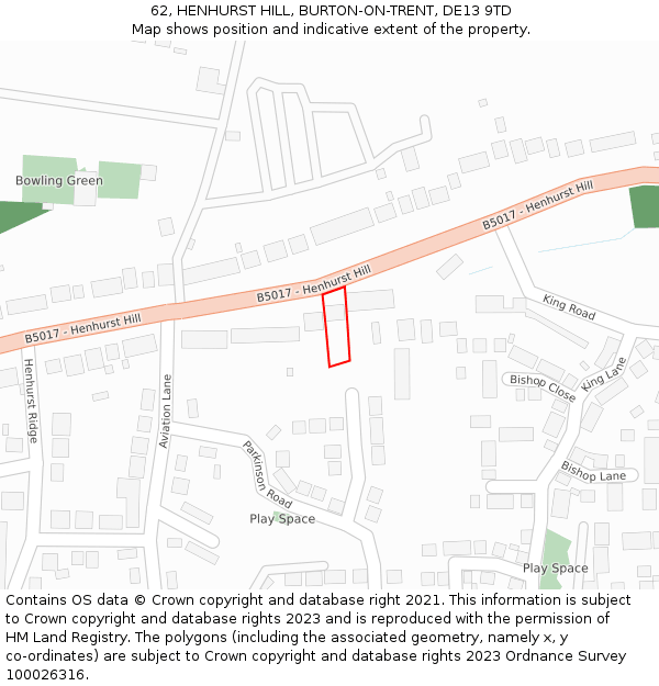 62, HENHURST HILL, BURTON-ON-TRENT, DE13 9TD: Location map and indicative extent of plot