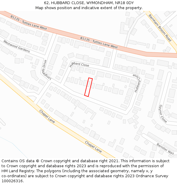 62, HUBBARD CLOSE, WYMONDHAM, NR18 0DY: Location map and indicative extent of plot