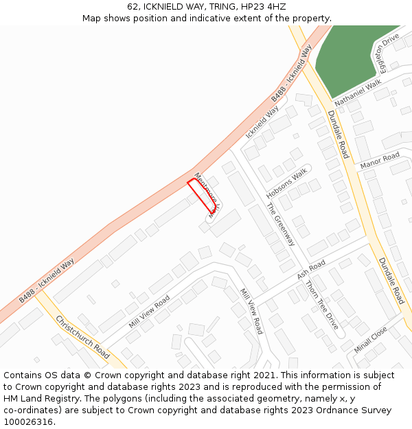 62, ICKNIELD WAY, TRING, HP23 4HZ: Location map and indicative extent of plot