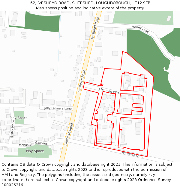 62, IVESHEAD ROAD, SHEPSHED, LOUGHBOROUGH, LE12 9ER: Location map and indicative extent of plot