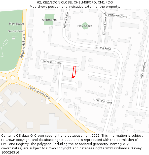62, KELVEDON CLOSE, CHELMSFORD, CM1 4DG: Location map and indicative extent of plot