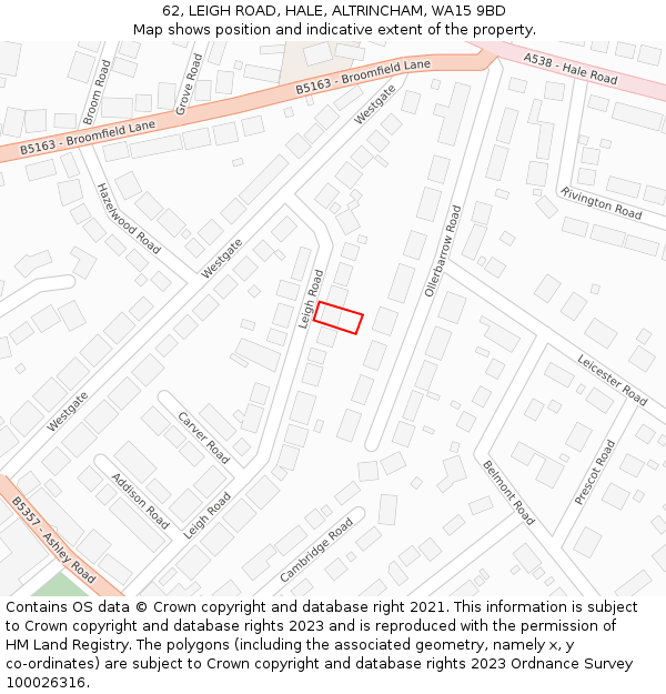 62, LEIGH ROAD, HALE, ALTRINCHAM, WA15 9BD: Location map and indicative extent of plot